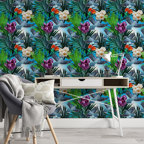 Birds of Paradise Removable Wallpaper, Tropical Pattern Wall Cling, Exotic , Modern Home Decor, Colorful Wall Mural Decal