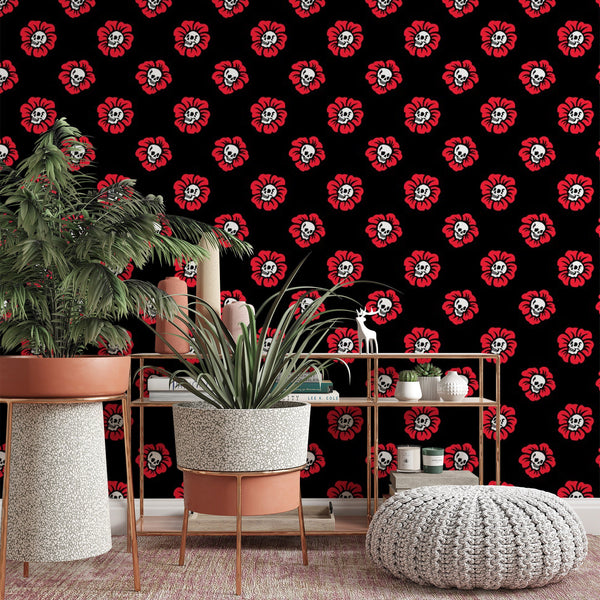 Floral Skull Pattern Removable Wallpaper, Cool Dark Wall Cling, Botanical , Modern Home Decor, Macabre Flower Wall Mural Decal