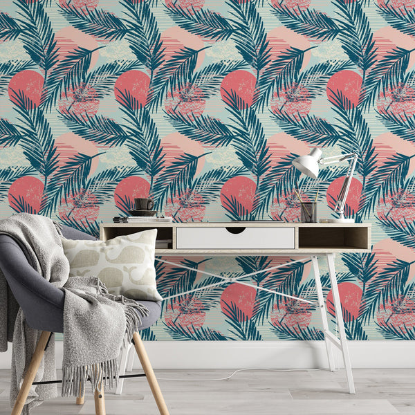 Sunset Palm Removable Wallpaper, Tropical Pattern Wall Cling, Exotic , Modern Home Decor, Pretty Paradise Wall Mural Decal