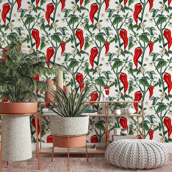 Spicy Pepper Removable Wallpaper, Pretty Plant Pattern Wall Cling, Botanical , Modern Home Decor, Decorative Wall Mural Decal