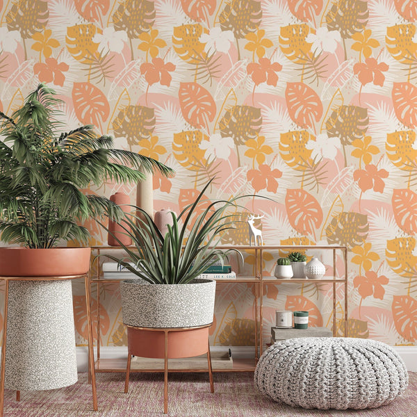 Tropical Pattern Removable Wallpaper, Pretty Pastel Wall Cling, Botanical , Modern Home Decor,Cool Decorative Wall Mural Decal