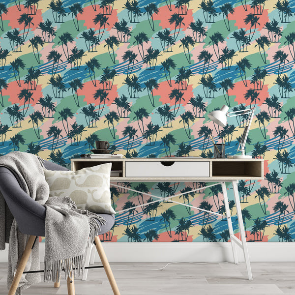Palm Island Removable Wallpaper, Tropical Pattern Wall Cling, Pastel , Modern Home Decor, Pretty Abstract Wall Mural Decal
