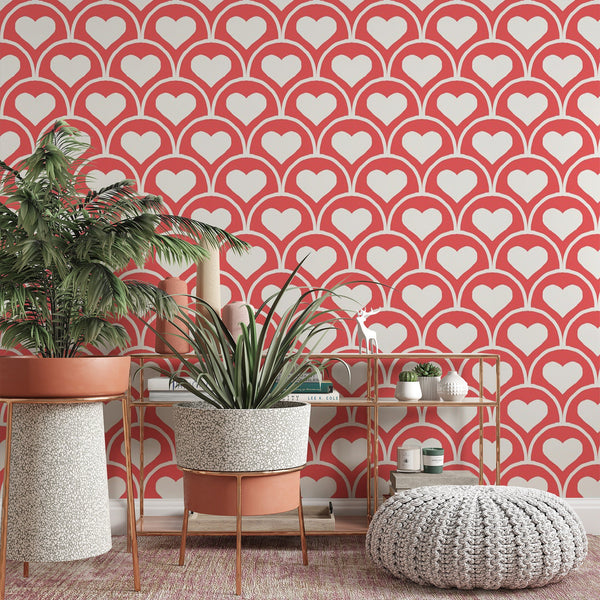 Heart Pattern Removable Wallpaper, Pretty Pink Wall Cling, Geometric , Modern Home Decor, Cool Decorative Wall Mural Decal