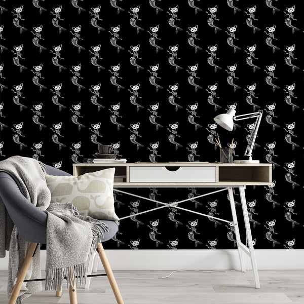 Mermaid Cat Pattern Removable Animal Wallpaper, Cool Skeleton Wall Cling, Macabre , Modern Home Decor, Decorative Wall Mural Decal