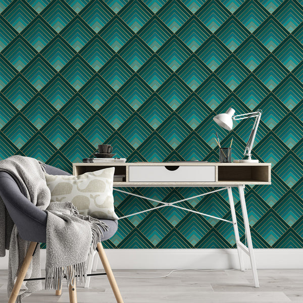Diamond Pattern Removable Wallpaper, Cool Teal Wall Cling, Geometric , Modern Art Deco Decor, Monochromatic Wall Mural Decal