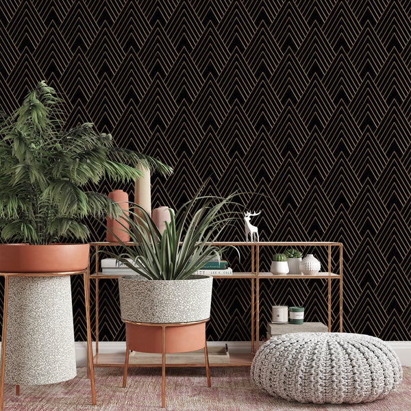 Triangle Tops Pattern Removable Wallpaper, Cool Black Wall Cling, Geometric , Modern Art Deco Decor, Pretty Wall Mural Decal