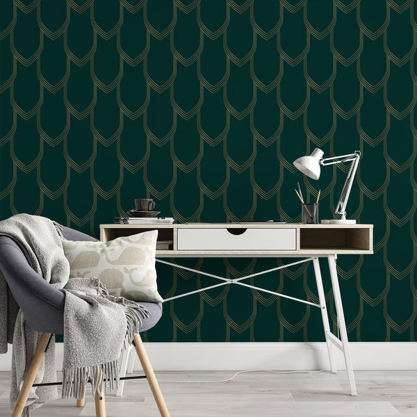 Emerald Pattern Removable Wallpaper, Rounded Shapes Wall Cling, Geometric , Modern Art Deco Decor, Green Wall Mural Decal