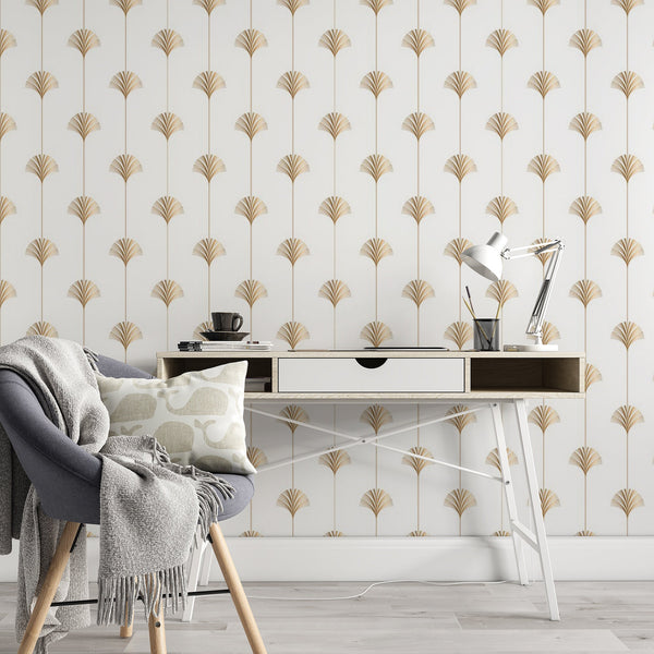 Fan Leaves Pattern Removable Wallpaper, White Nature Wall Cling, Geometric , Modern Art Deco Decor, Pretty Wall Mural Decal