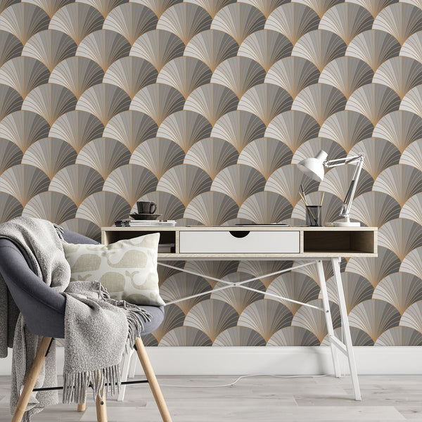 Fan Leaves Pattern Removable Wallpaper, Grey Nature Wall Cling, Geometric , Modern Art Deco Decor, Pretty Wall Mural Decal