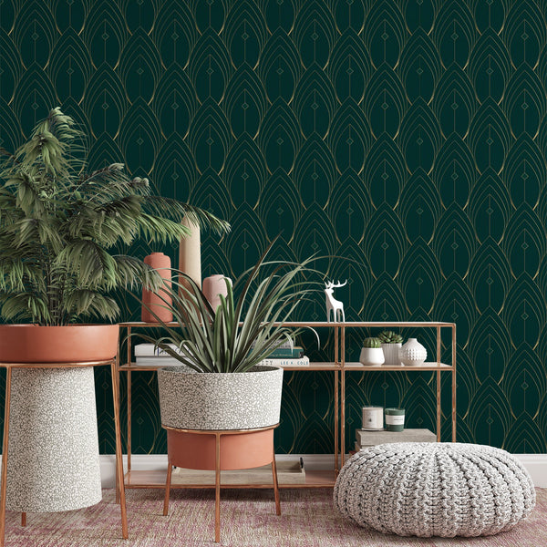 Emerald Pattern Removable Wallpaper, Leaf Shapes Wall Cling, Geometric , Modern Art Deco Decor, Pretty Green Wall Mural Decal