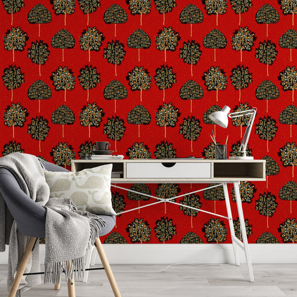 Tree Pattern Removable Wallpaper, Cool Red Wall Cling, Botanical , Modern Home Decor, Pretty Decorative Wall Mural Decal