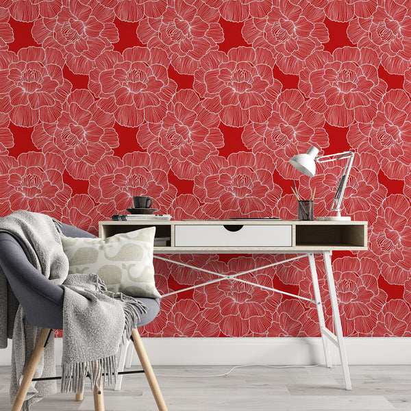 Floral Pattern Removable Wallpaper, Pretty Red Flowers Wall Cling, Botanical , Modern Home Decor, Decorative Wall Mural Decal