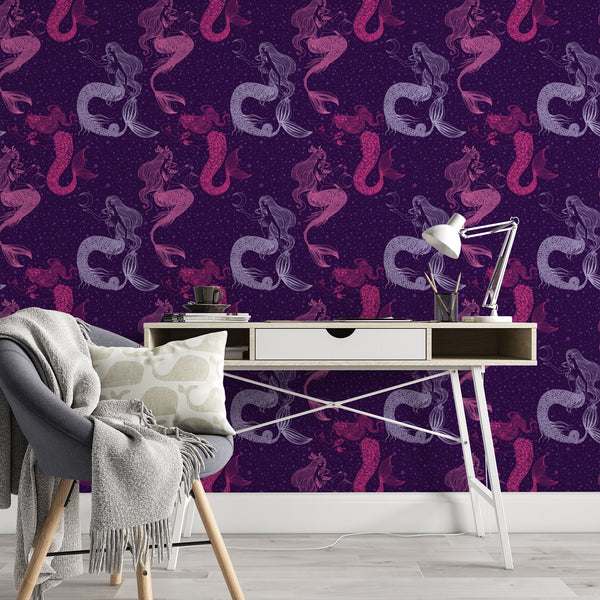 Mermaid Pattern Removable Wallpaper, Pretty Purple Wall Cling, Nautical , Modern Home Decor, Cool Decorative Wall Mural Decal