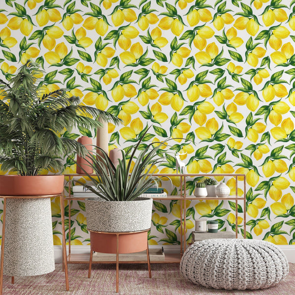 Lemon Pattern Removable Wallpaper, Pretty Yellow Fruit Wall Cling, Plant , Modern Kitchen Decor, Citrus Food Wall Mural Decal