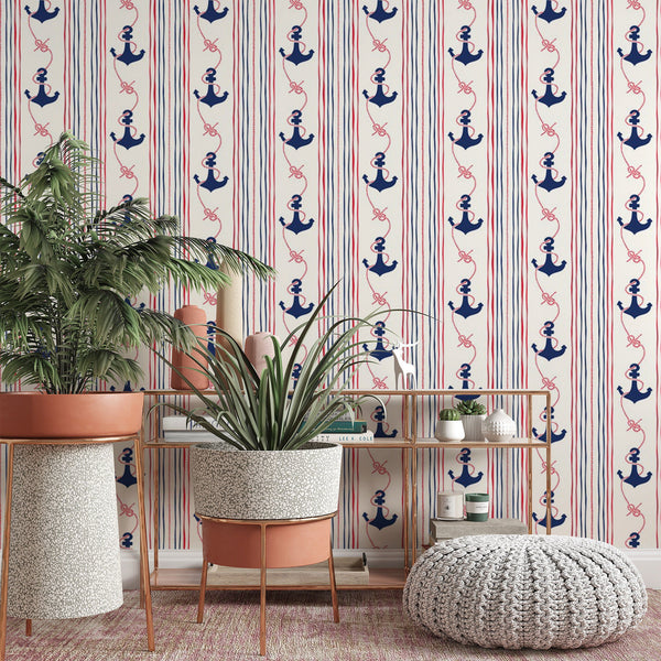 Anchor Pattern Removable Wallpaper, Vintage Sailing Wall Cling, Nautical , Modern Home Decor, Pretty Colorful Wall Mural Decal