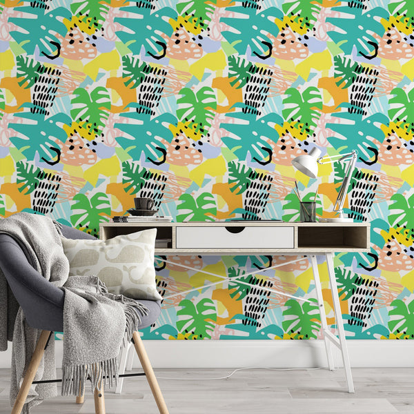 Tropical Pattern Removable Wallpaper, Pretty Pastel Wall Cling, Botanical , Modern Home Decor, Decorative Wall Mural Decal