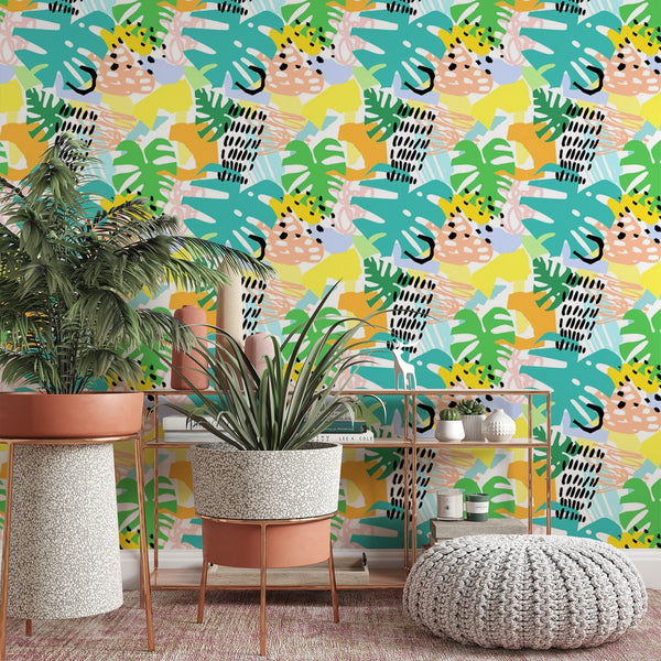 Tropical Pattern Removable Wallpaper, Pretty Pastel Wall Cling, Botanical , Modern Home Decor, Decorative Wall Mural Decal