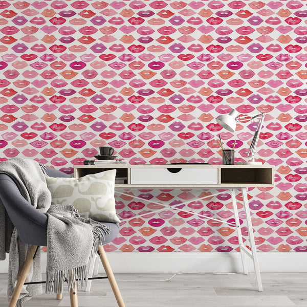 Lips Pattern Removable Wallpaper, Pink Love Wall Cling, Kisses , Cool Modern Home Decor, Pretty Decorative Wall Mural Decal