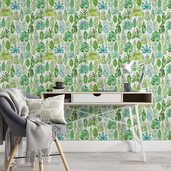 Leaf Pattern Removable Wallpaper, Pretty Blue Green Wall Cling, Botanical , Modern Home Decor, Decorative Wall Mural Decal