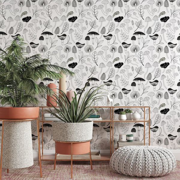 Mushroom Pattern Removable Wallpaper, Black and White Wall Cling, Botanical , Modern Home Decor, Cool Fungi Wall Mural Decal