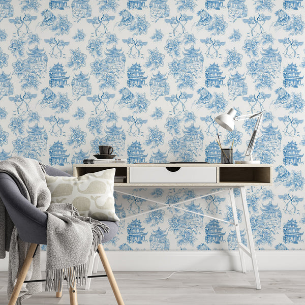 Blue Floral Pattern Removable Wallpaper, Cool Japanese Wall Cling, Botanical , Modern Home Decor, Pretty Wall Mural Decal
