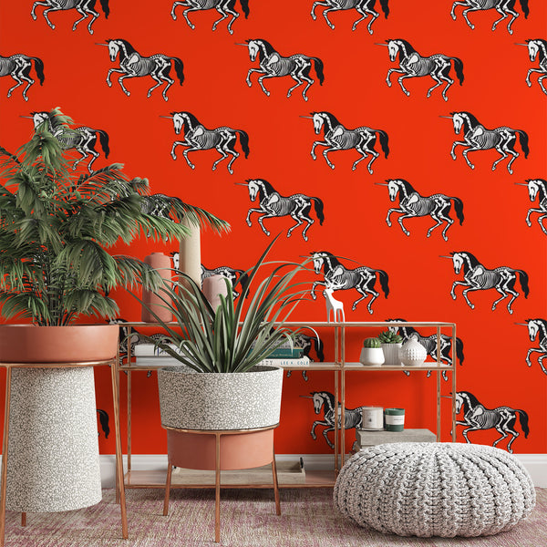 Unicorn Pattern Removable Wallpaper, Cool Red Wall Cling, Macabre , Modern Home Decor, Decorative Skeleton Wall Mural Decal