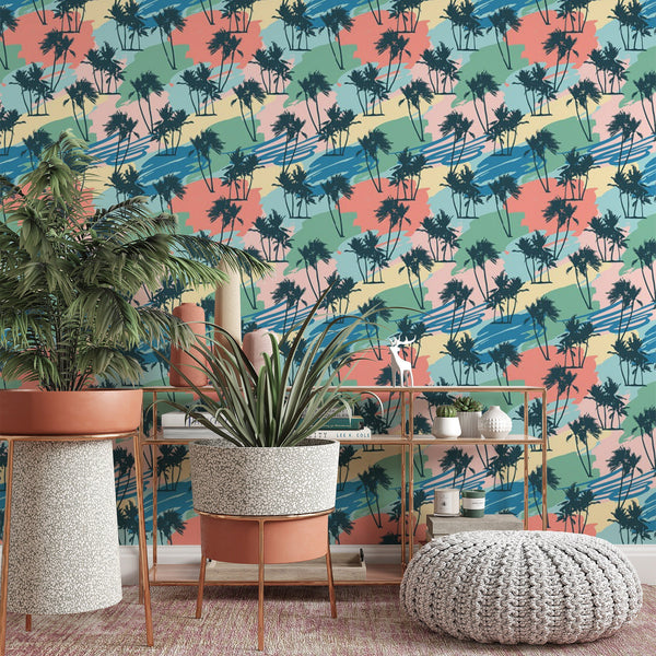 Palm Island Removable Wallpaper, Tropical Pattern Wall Cling, Pastel , Modern Home Decor, Pretty Abstract Wall Mural Decal