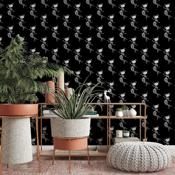 Mermaid Cat Pattern Removable Animal Wallpaper, Cool Skeleton Wall Cling, Macabre , Modern Home Decor, Decorative Wall Mural Decal