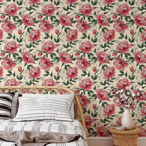 Floral Pattern Removable Wallpaper, Pretty Red Flower Wall Cling, Botanical , Modern Home Decor, Decorative Wall Mural Decal