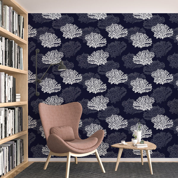 Coral Pattern Removable Wallpaper, Pretty Blue Reef Wall Cling, Nautical , Modern Home Decor, Decorative Wall Mural Decal