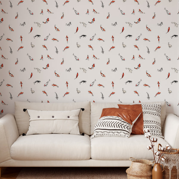 Koi Pattern Removable Wallpaper, Artistic Fish Wall Cling, Animal , Modern Home Decor, Pretty Decorative Wall Mural Decal