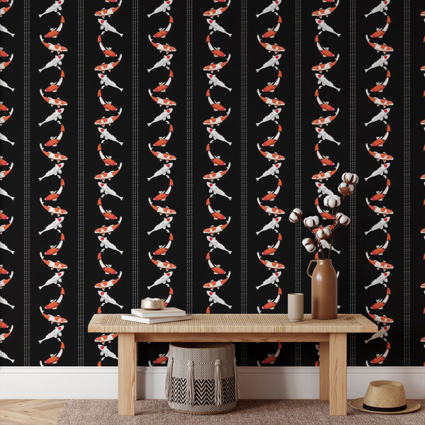 Koi Pattern Removable Wallpaper, Pretty Artistic Wall Cling, Animal , Modern Home Decor, Black Decorative Wall Mural Decal