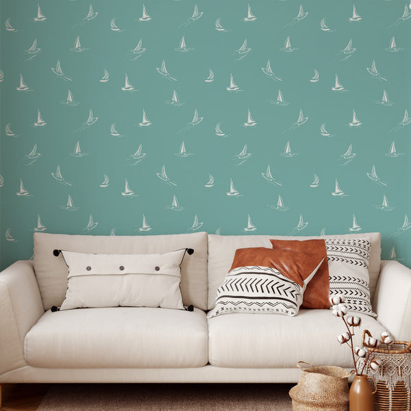 Boat Pattern Removable Wallpaper, Pretty Green Wall Cling, Nautical , Modern Home Decor, Cool Decorative Wall Mural Decal