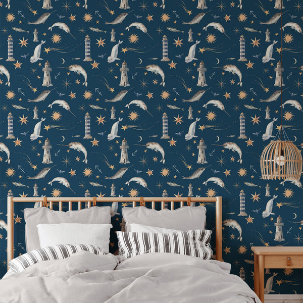 Narwhal Pattern Removable Wallpaper, Cool Dark Blue Wall Cling, Nautical , Modern Home Decor, Decorative Wall Mural Decal