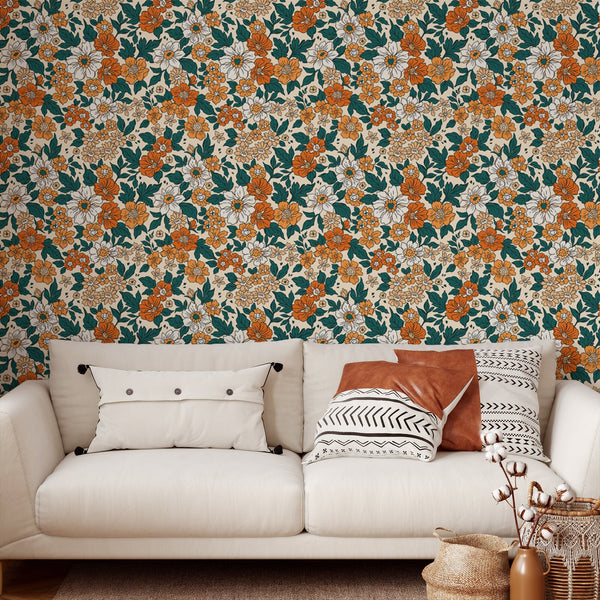 Flower Pattern Removable Wallpaper, Pretty Floral Wall Cling, Botanical , Modern Home Decor, Decorative Wall Mural Decal