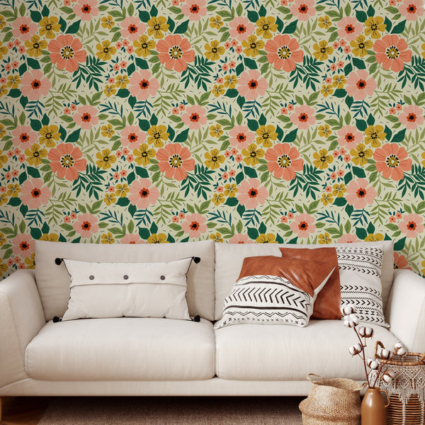 Floral Pattern Removable Wallpaper, Pretty Tropical Wall Cling, Botanical , Modern Home Decor, Decorative Wall Mural Decal