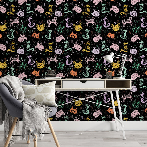 Cat Pattern Removable Animal Wallpaper, Cool Colorful Wall Cling, , Modern Home Decor, Black Decorative Wall Mural Decal