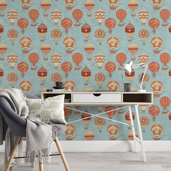 Hot Air Balloon Pattern Removable Wallpaper, Cool Blue Wall Cling, Vintage , Modern Home Decor, Decorative Wall Mural Decal