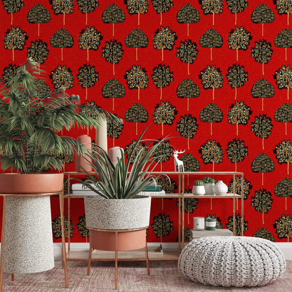 Tree Pattern Removable Wallpaper, Cool Red Wall Cling, Botanical , Modern Home Decor, Pretty Decorative Wall Mural Decal