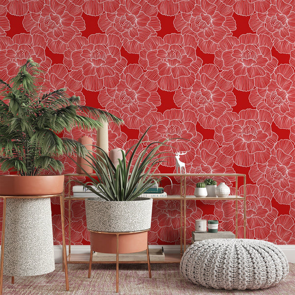 Floral Pattern Removable Wallpaper, Pretty Red Flowers Wall Cling, Botanical , Modern Home Decor, Decorative Wall Mural Decal