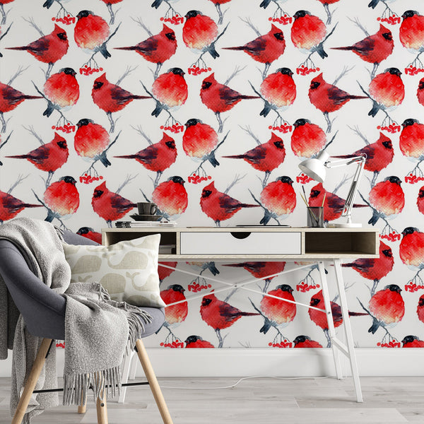 Cardinal Pattern Removable Wallpaper, Red Bird Wall Cling, Nature , Modern Home Decor, Pretty Decorative Wall Mural Decal