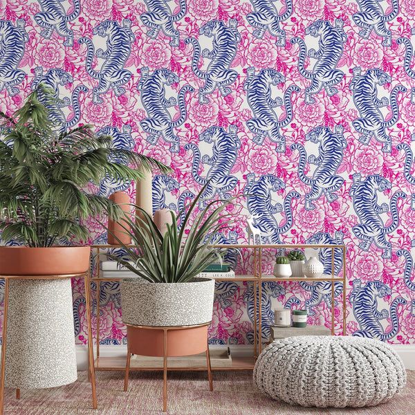 Blue Tiger Pattern Removable Wallpaper, Pink Floral Wall Cling, Nature , Modern Home Decor, Pretty Decorative Wall Mural Decal
