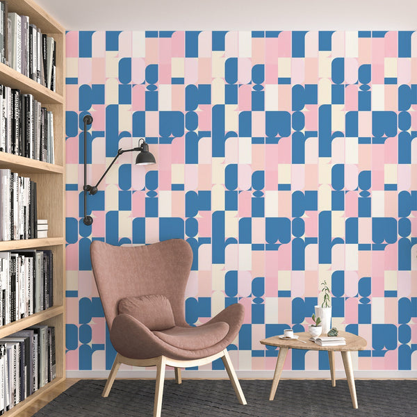 Pink and Blue Pattern Removable Wallpaper, Vintage Wall Cling, Geometric , Modern Home Decor, Decorative Wall Mural Decal