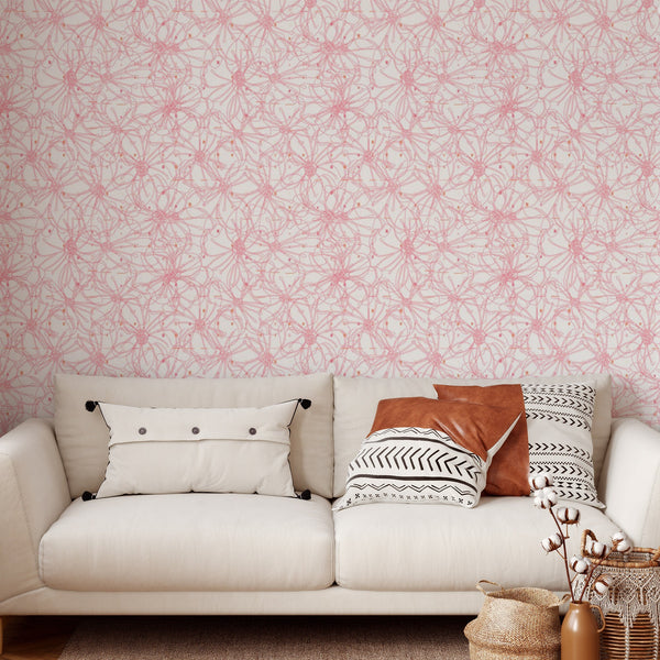 Pink Flower Pattern Removable Wallpaper, Pretty Floral Wall Cling, Botanical , Modern Home Decor, Decorative Mural Decal