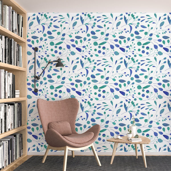 Watercolor Blue Pattern Removable Wallpaper, Flower Wall Cling, Botanical , Modern Home Decor, Decorative Wall Mural Decal