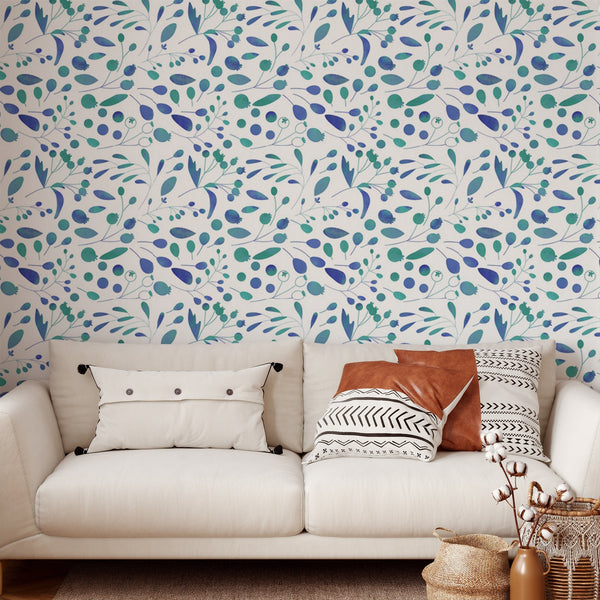 Watercolor Blue Pattern Removable Wallpaper, Flower Wall Cling, Botanical , Modern Home Decor, Decorative Wall Mural Decal