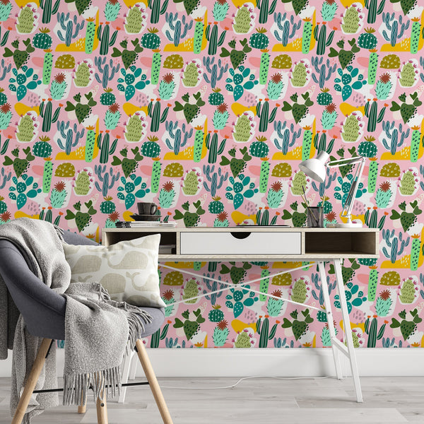 Cactus Pattern Removable Wallpaper, Colorful Desert Wall Cling, Succulent , Modern Home Decor, Decorative Wall Mural Decal