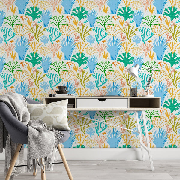 Coral Pattern Removable Wallpaper, Pretty Colorful Wall Cling, Nautical , Modern Home Decor, Cool Decorative Wall Mural Decal