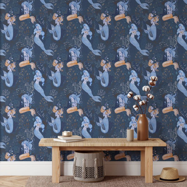 Mermaid Pattern Removable Wallpaper, Pretty Blue Wall Cling, Nautical , Modern Home Decor, Cool Decorative Wall Mural Decal