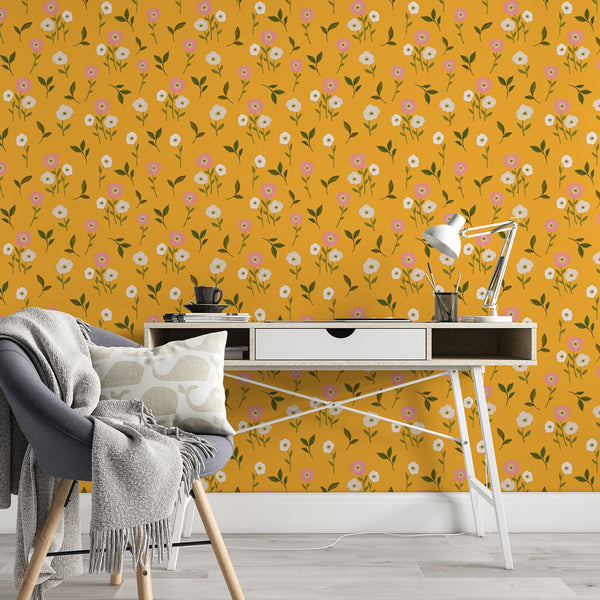 Floral Pattern Removable Wallpaper, Pretty Yellow Wall Cling, Botanical , Modern Home Decor, Decorative Wall Mural Decal